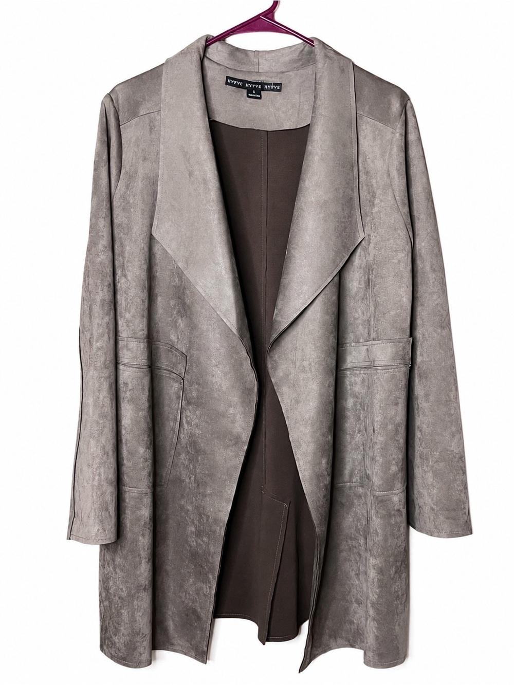 HYFVE Faux Suede Open Front Drape Jacket Cardigan Gray Taupe Size Small